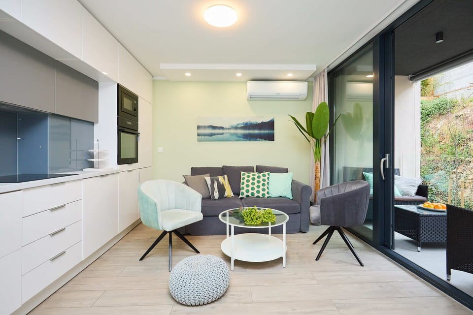 Apartment (1 Bedroom) | Living area | 140-cm flat-screen TV with cable channels, TV