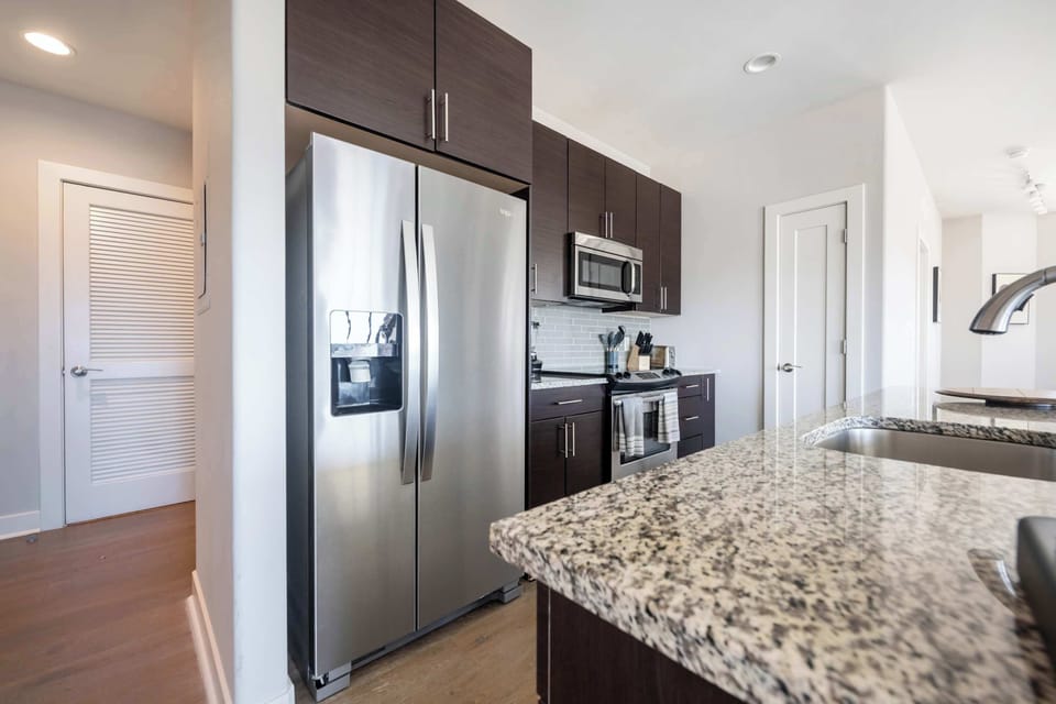 Refrigerator, gas range and microwave available