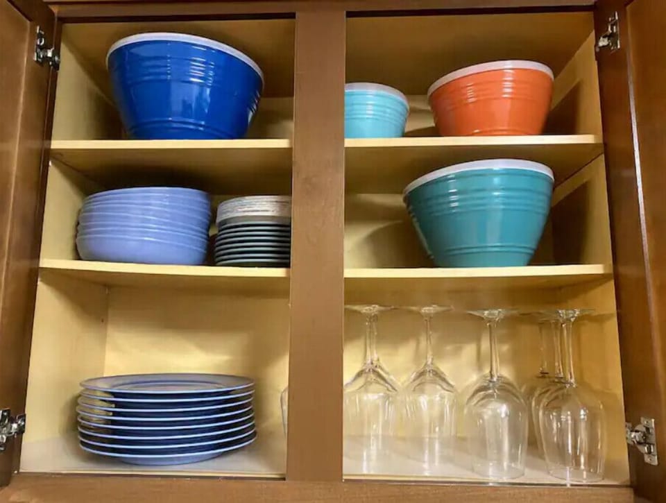 The cabinets are stocked for a comfortable stay!