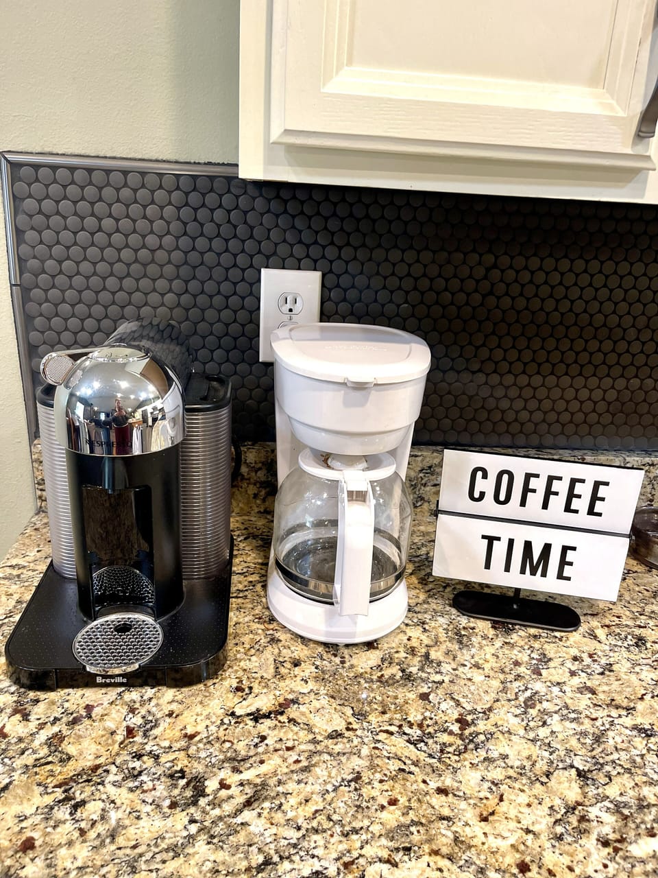 Nespresso Machine and Drip Coffee Pot (small coffee and a few pods are provided 
