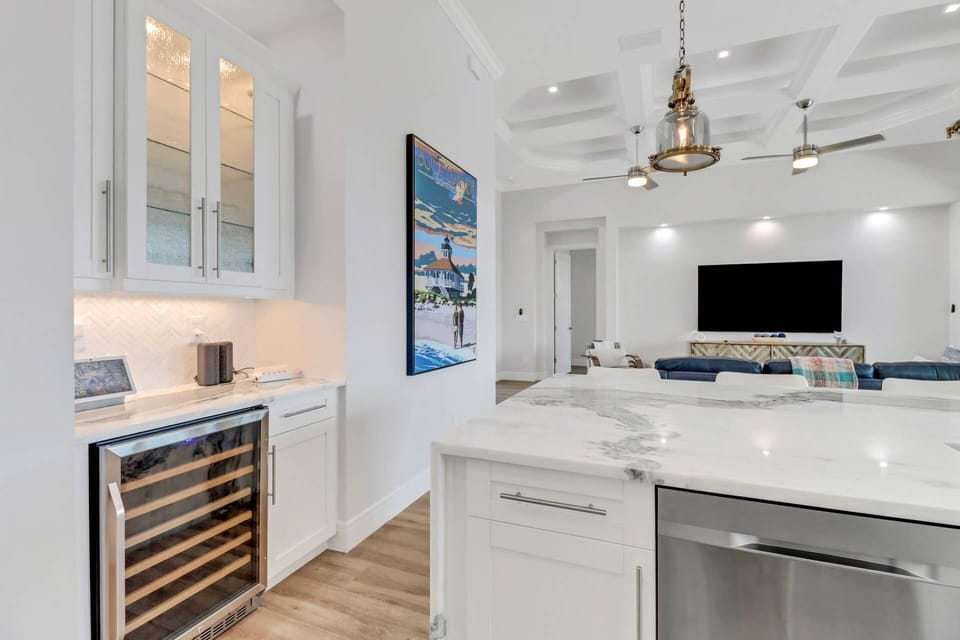 All cookware, dinnerware and many kitchen tools and appliances are provided for your convenience - including a wine fridge.