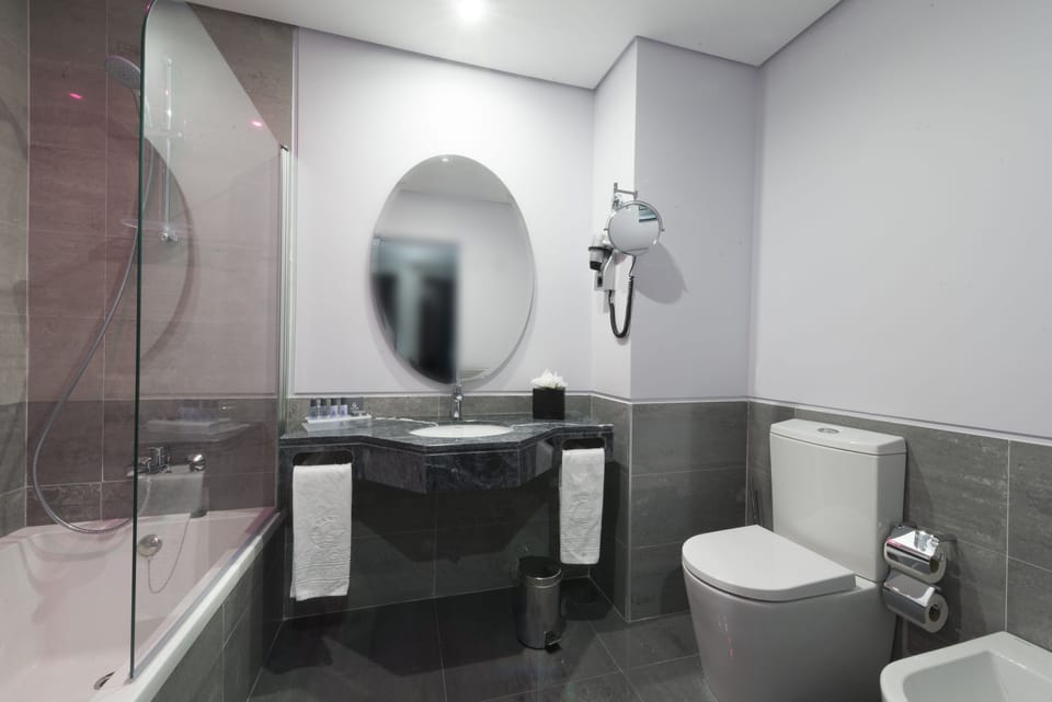 Combined shower/tub, free toiletries, hair dryer, towels