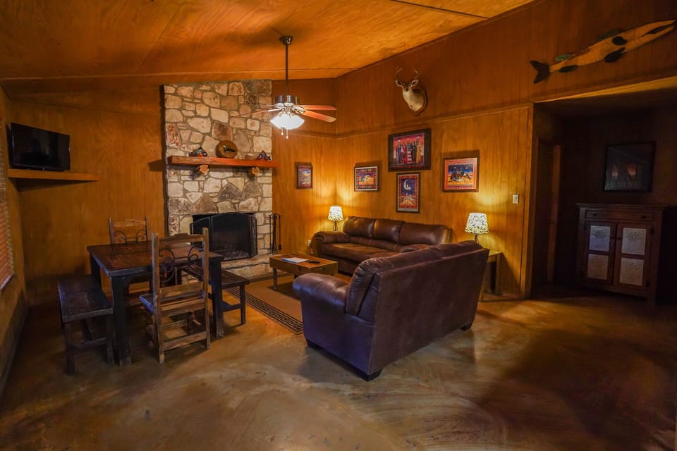 Living + dining area with fireplace
