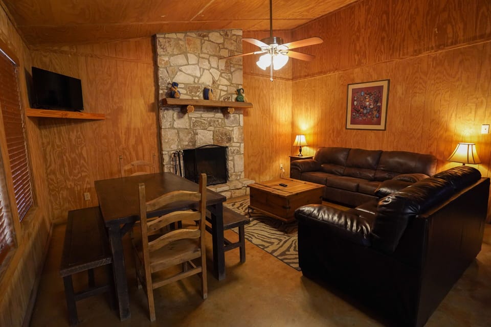 Living + dining area with fireplace