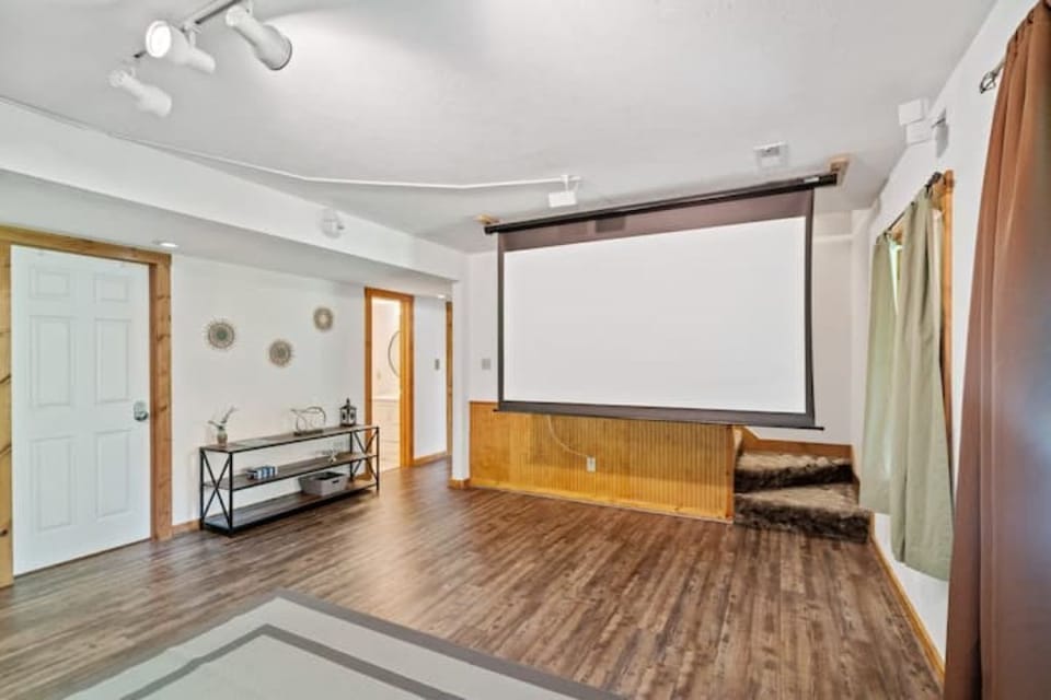 Projector screen with surround sound offers a theater experience