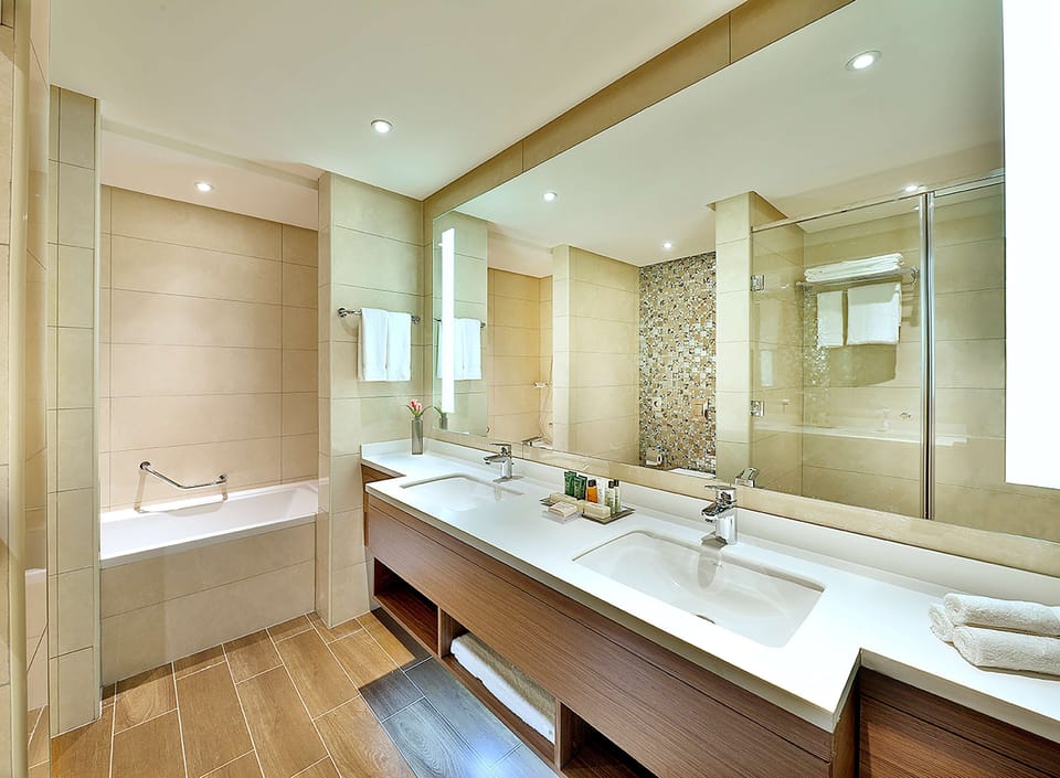 Combined shower/tub, free toiletries, bidet, towels