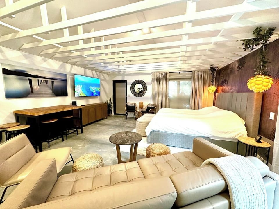 Open living area with a faux-leather couch as an added sleeping space, 65” Smart TV, high-speed WiFi internet service, vaulted ceiling and dining area for 4 people.