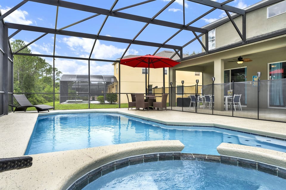 •	"Dive into relaxation in our private pool and spa. Whether you're splashing with the kids or enjoying a tranquil evening soak, luxury and leisure await in your personal oasis."