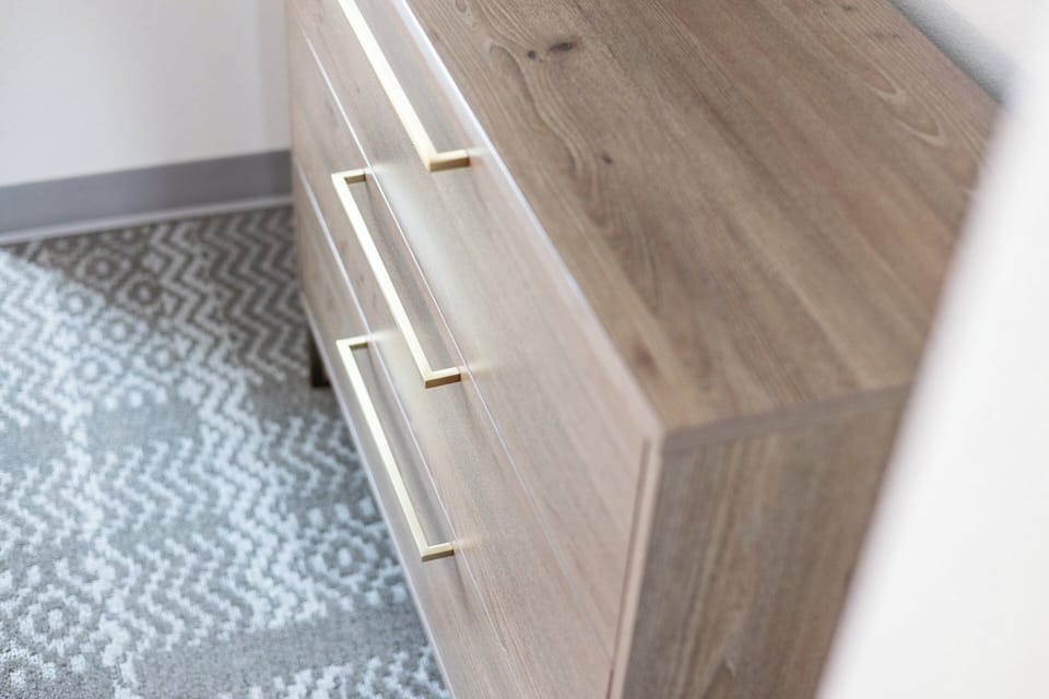 Desk, laptop workspace, blackout drapes, soundproofing