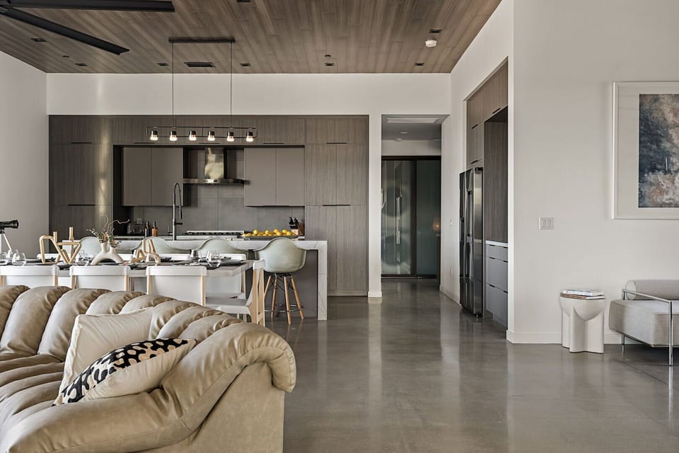 Open concept kitchen, dining, and living area