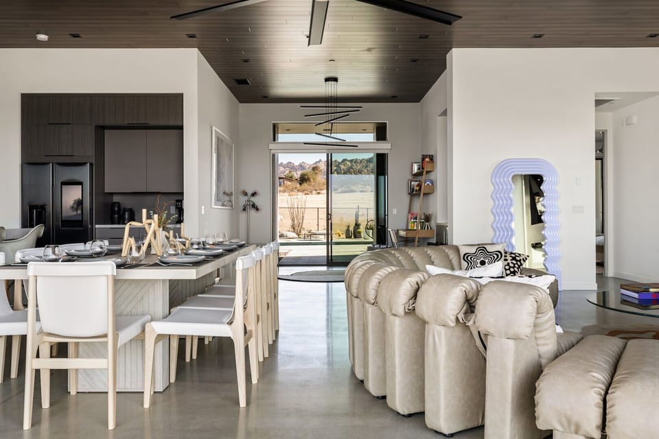 Open concept kitchen, dining, and living area