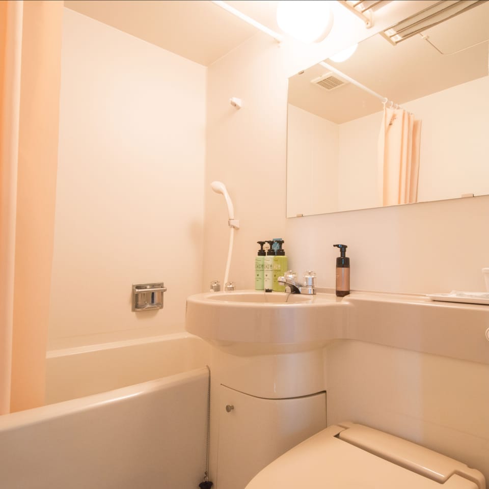 Separate tub and shower, free toiletries, hair dryer, slippers