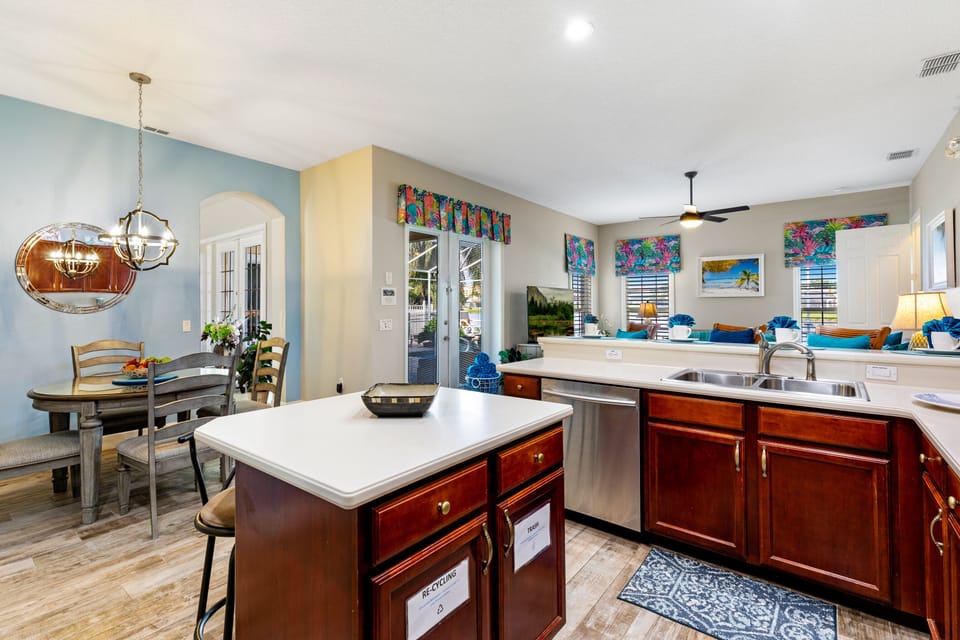 kitchen with bar seating and dining nook