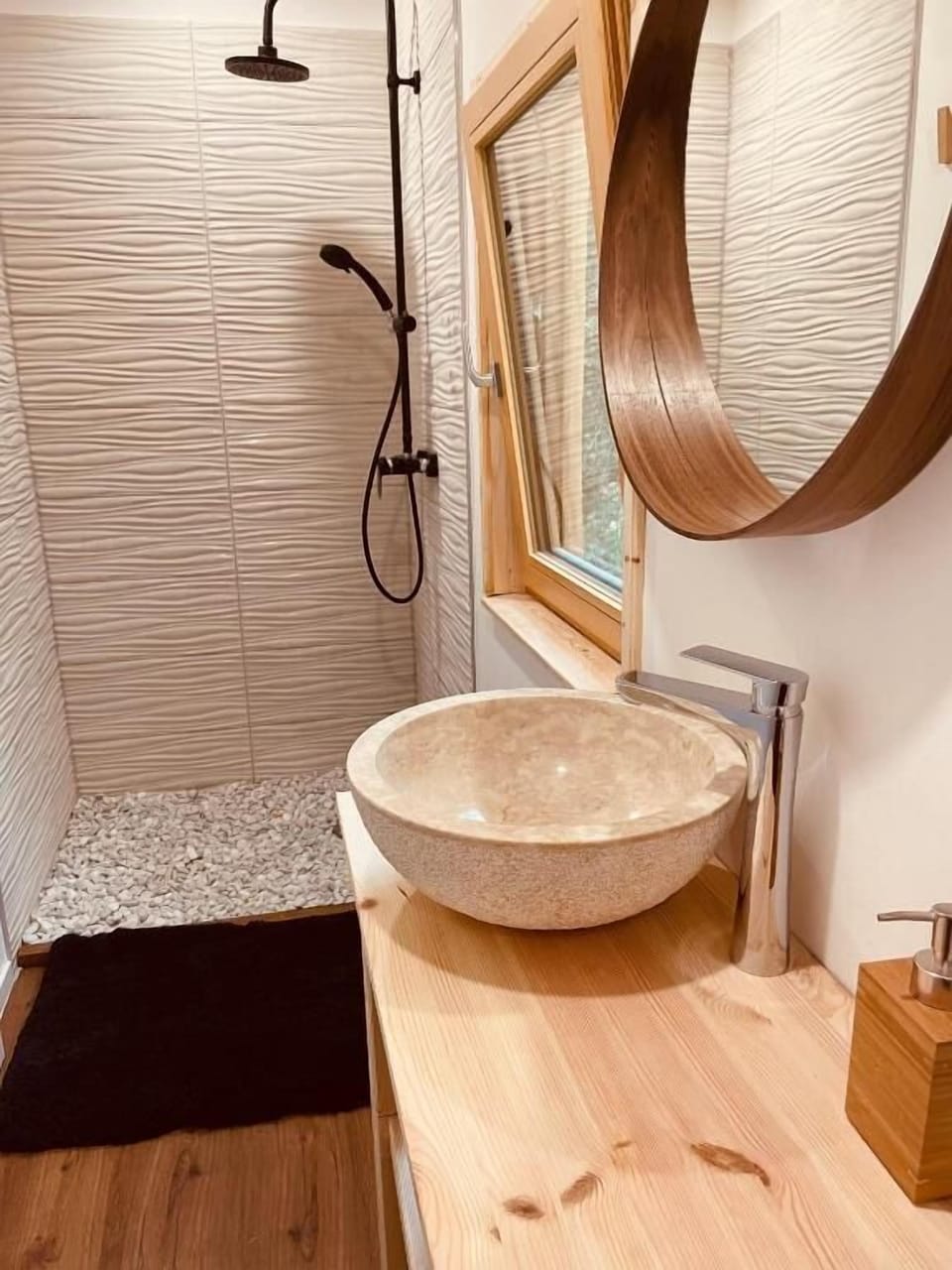 Shower, rainfall showerhead, towels, soap