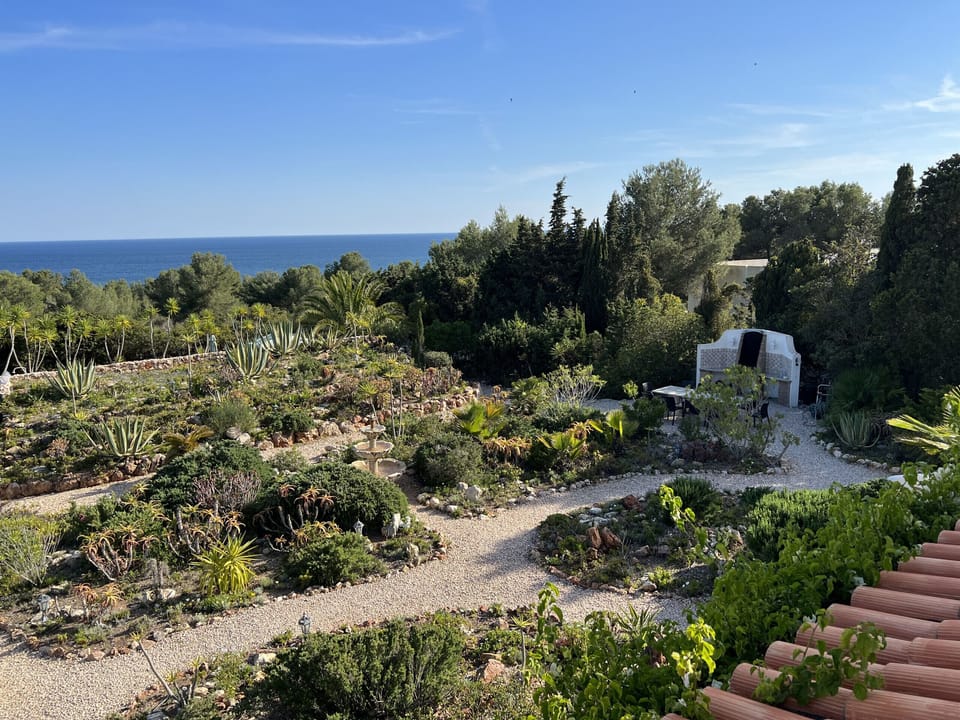 Casa Galo Verde: the beautifully landscaped garden with many different paths and a barbecue area is located between the house and the communal pool. The studio offers a fantastic view over the garden and the pine forest in front of the property to the sea.