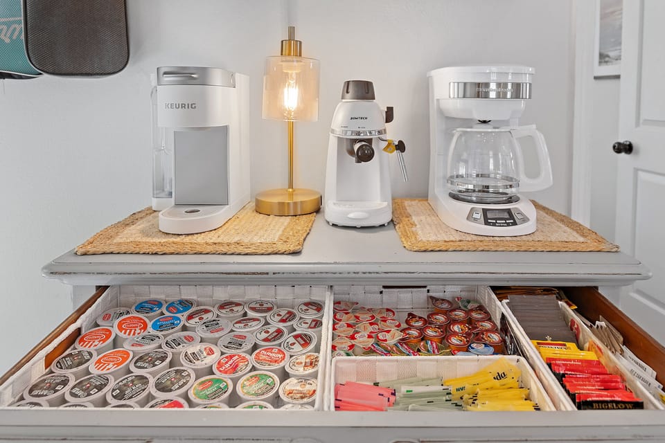 Coffee lovers welcome. Start your day right — fully stocked coffee bar with Keurig & drip for the perfect morning vibe!