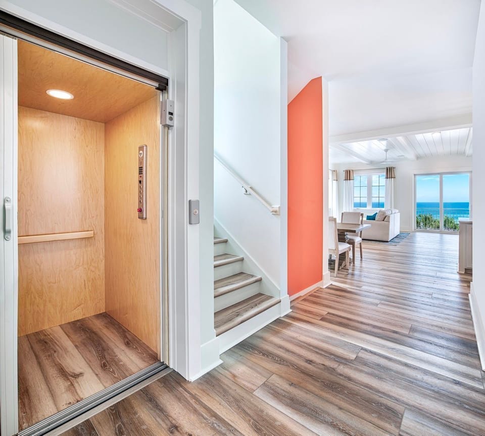 The elevator provides convenient access to all three floors.