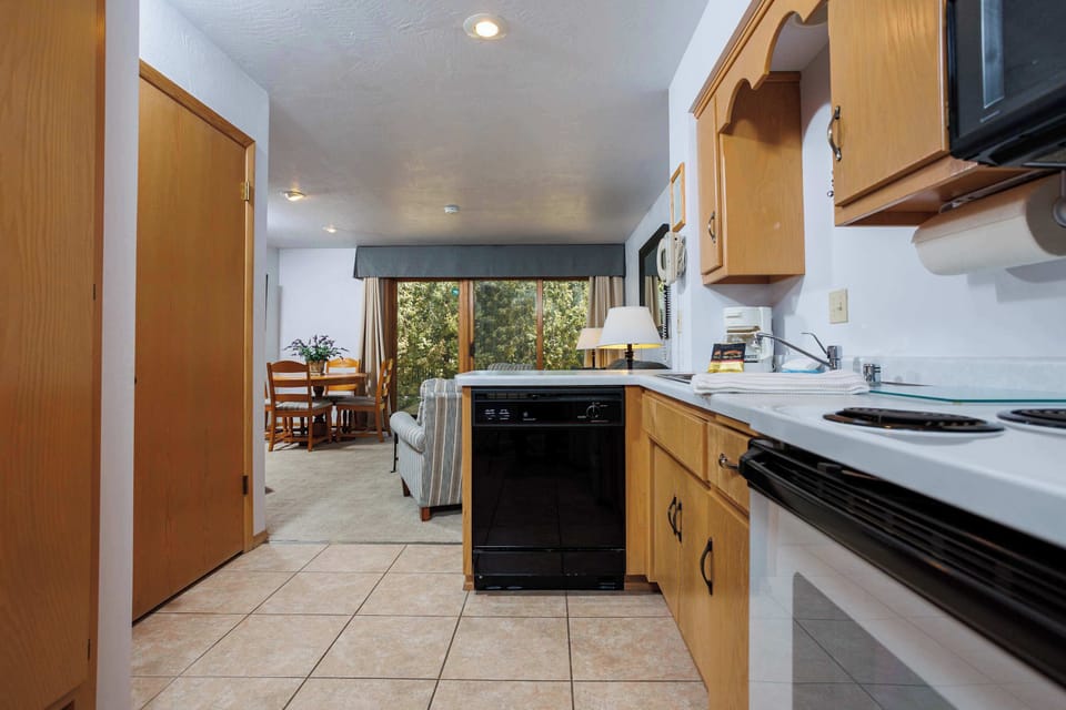 Kitchen opens to living area