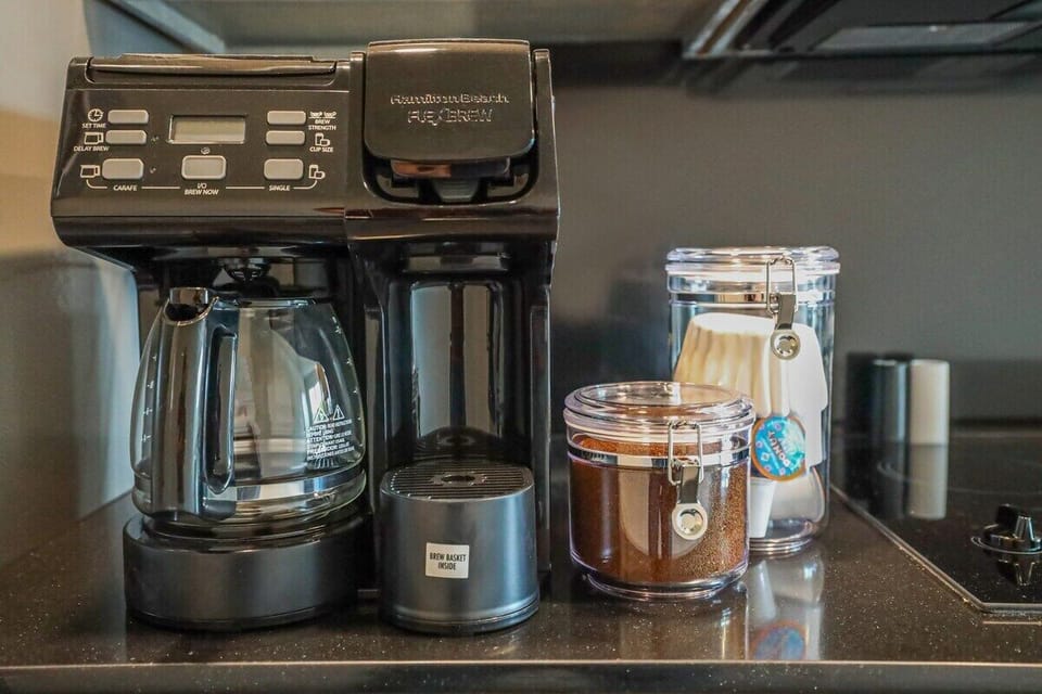 Our coffee station is fully stocked with everything you need to make the perfect cup.