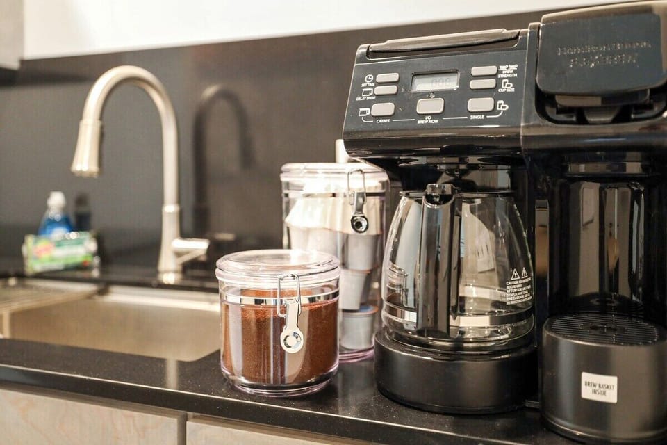 Our coffee station is fully stocked with everything you need to make the perfect cup.