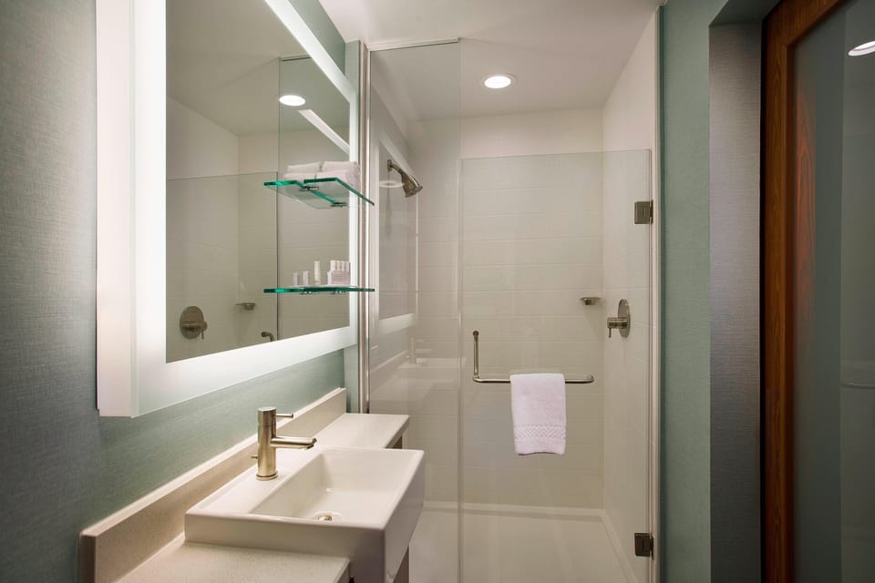 Shower, free toiletries, hair dryer, towels
