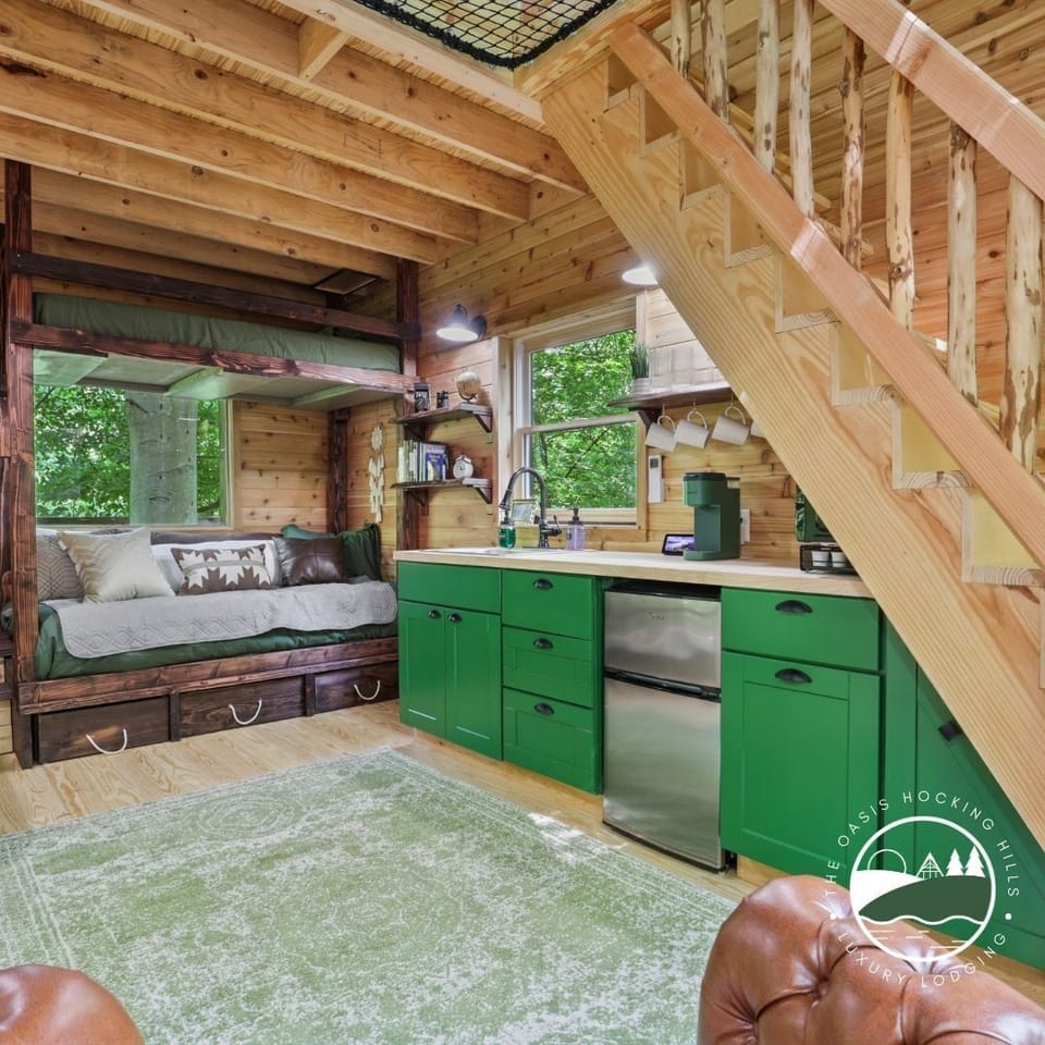 The lower bunk doubles as a couch to relax and enjoy the space