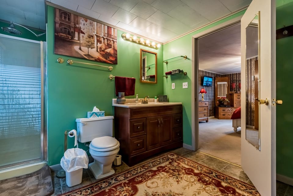Bathroom with green walls, wood vanity, glass shower, and patterned area rug opening into a bedroom.