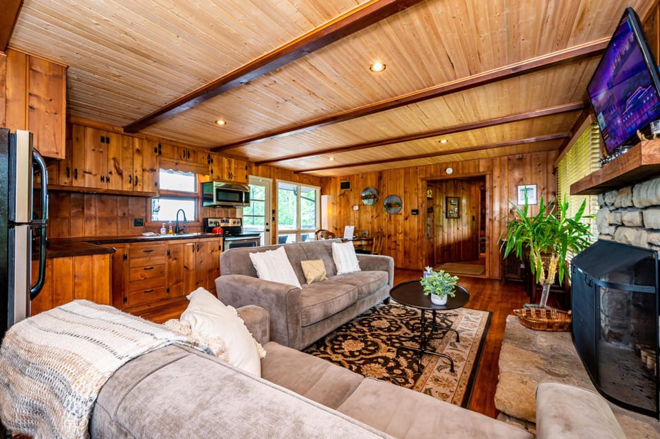 Living area with plush gray sofas, patterned rug, stone fireplace, and rustic wood-paneled walls and ceiling.