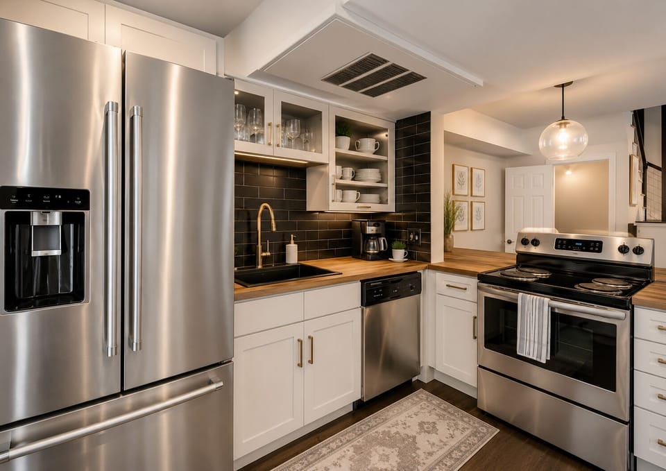 Spacious kitchen with sleek, modern appliances, fully equipped for all your cooking and dining needs.