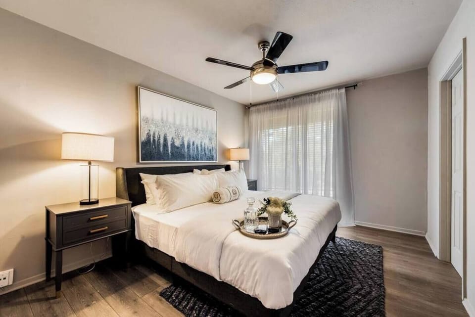 Primary bedroom, spacious bedroom with king size bed, Egyptian cotton sheets and our very own custom pillows.  