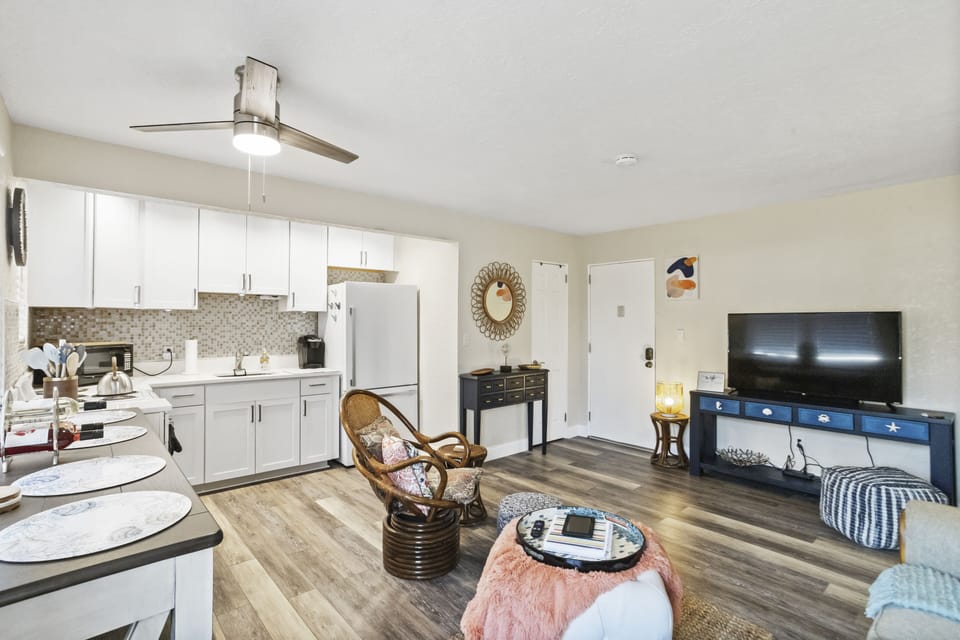 Layout of the open kitchen/living room area from balcony entrance. Extra storage in entry closet for hanging clothes.