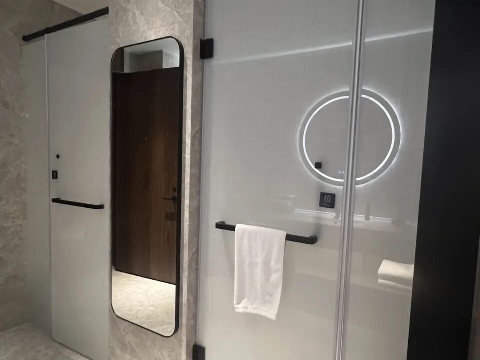 Shower, rainfall showerhead, hair dryer, slippers