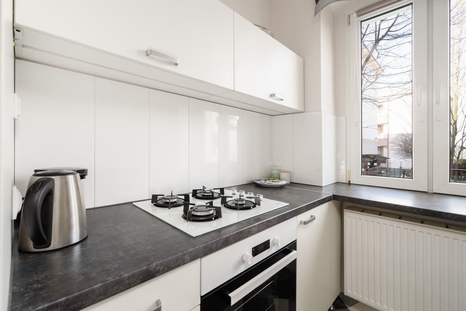 A detailed view of a sleek kitchen showing a gas stove with a modern finish and neatly arranged appliances.
