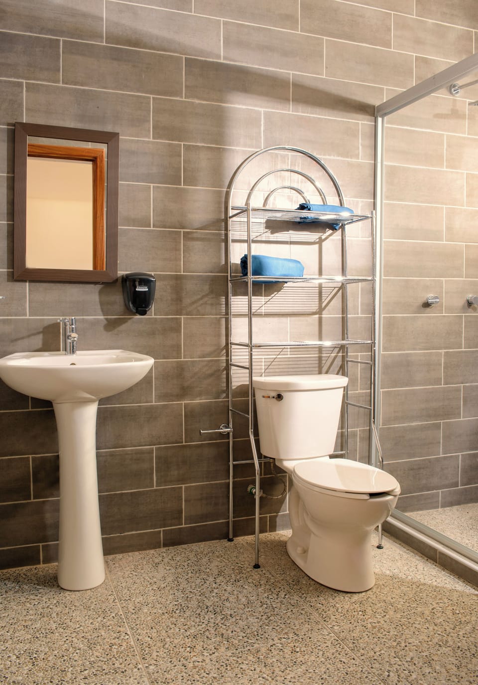 Shower, towels, soap, shampoo