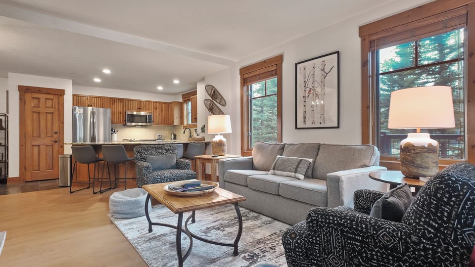 Open living-dining layout with mountain charm
