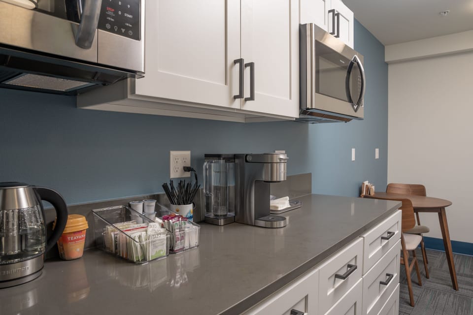 Shared fridge, microwave, coffee/tea maker, electric kettle