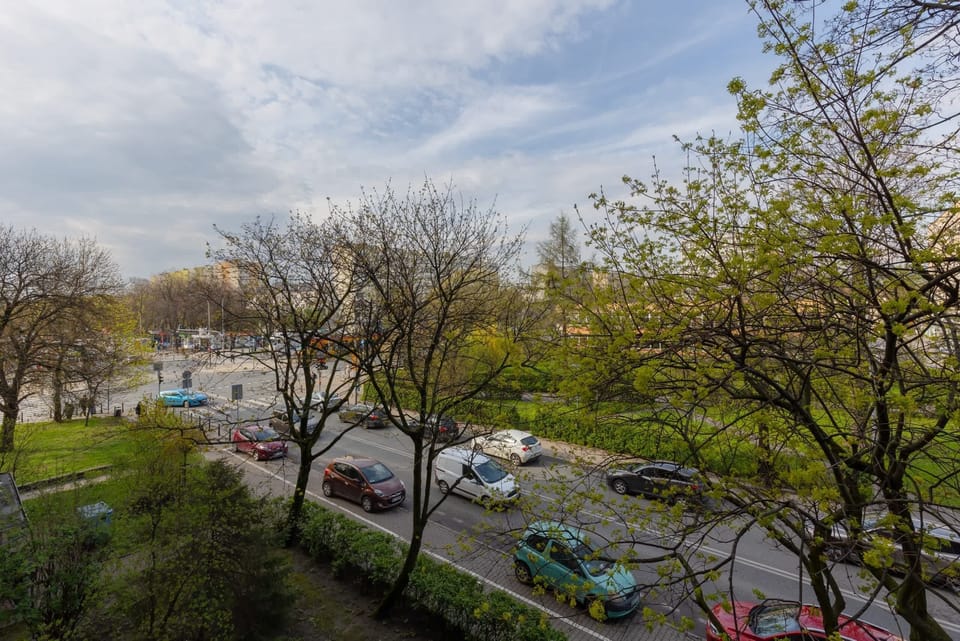 A view from the apartment, showcasing a tree-lined street and a parking area, creating a peaceful urban setting.

