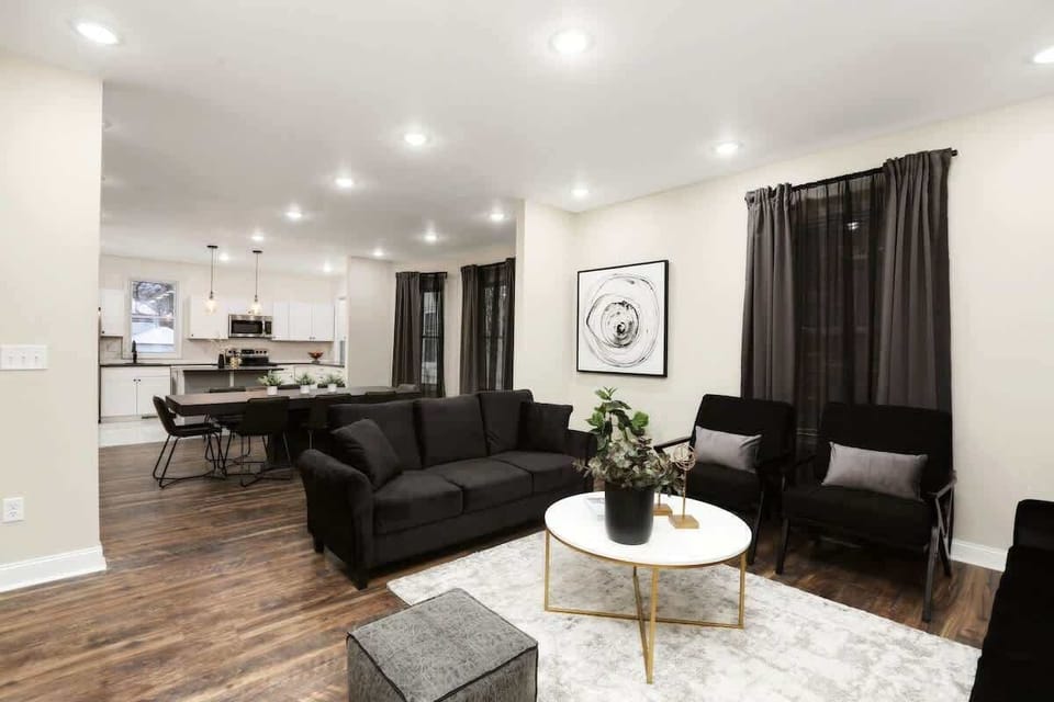 Open-concept living and dining space.