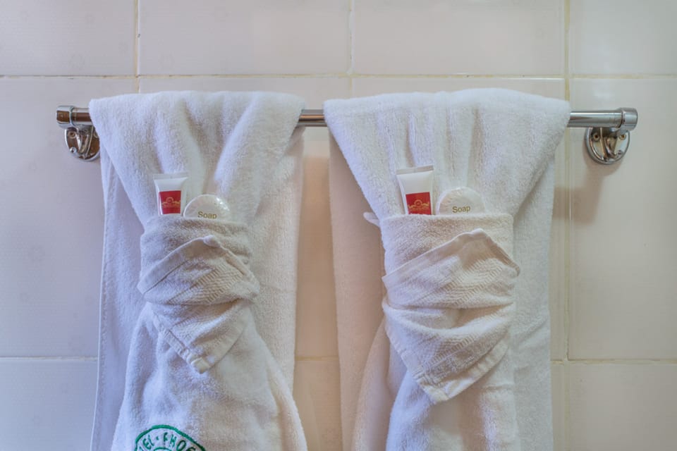 Shower, rainfall showerhead, free toiletries, towels