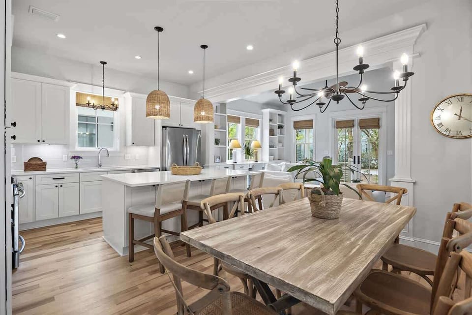 - Host unforgettable meals at this stunning farmhouse style dining table with seating for eight - Enjoy effortless flow into the bright, fully equipped kitchen & cozy living area - Perfect spot for gathering over coffee, family dinners or late night