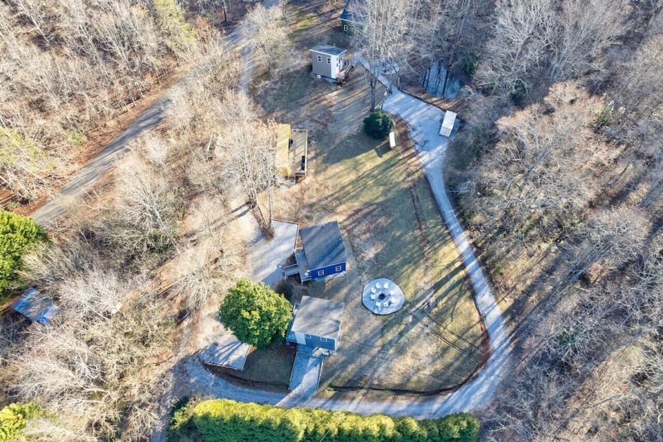 Aerial view of all Four Tiny Homes - Huddle at Crooked Creek