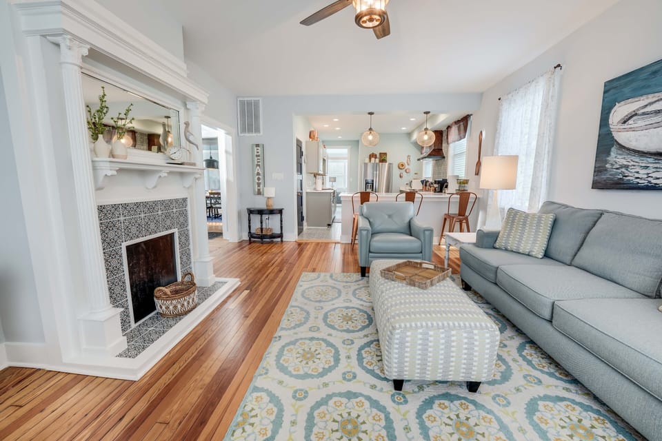 Living Room with Smart TV and access to kitchen