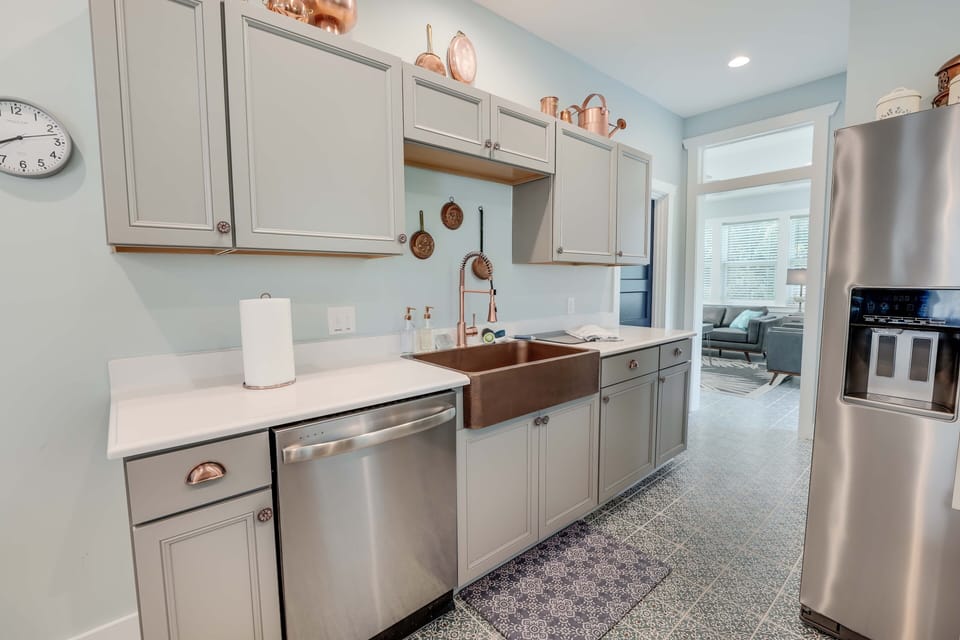 Fully stocked kitchen with copper accents