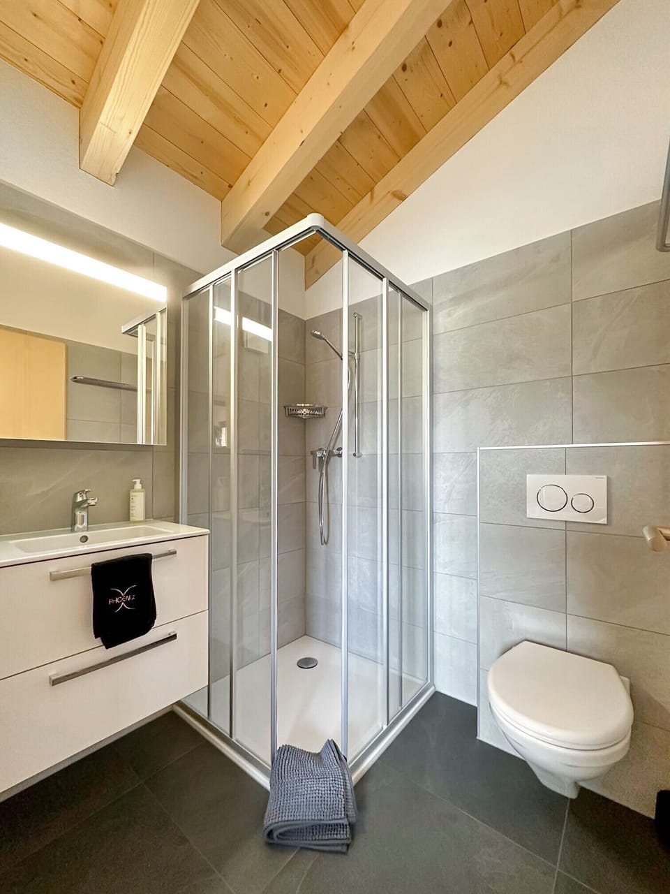 Shower room with functional shower, WC and washbasin.