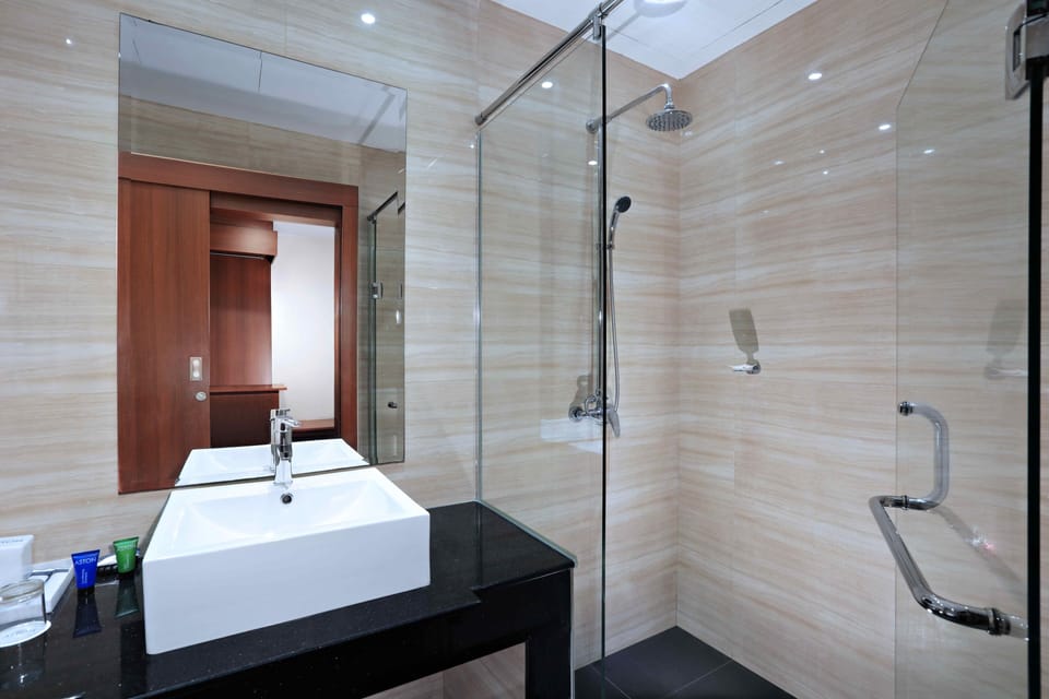 Shower, free toiletries, hair dryer, slippers