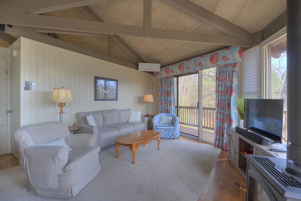 Living space with door leading to the porch. Includes queen pull-out couch.