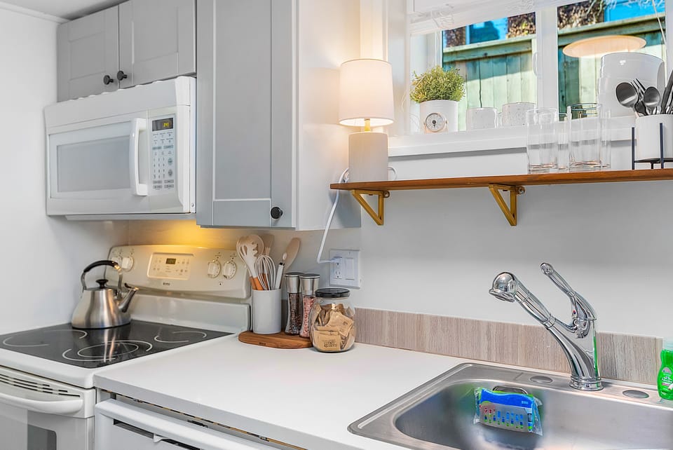 Full-size fridge, microwave, oven, dishwasher