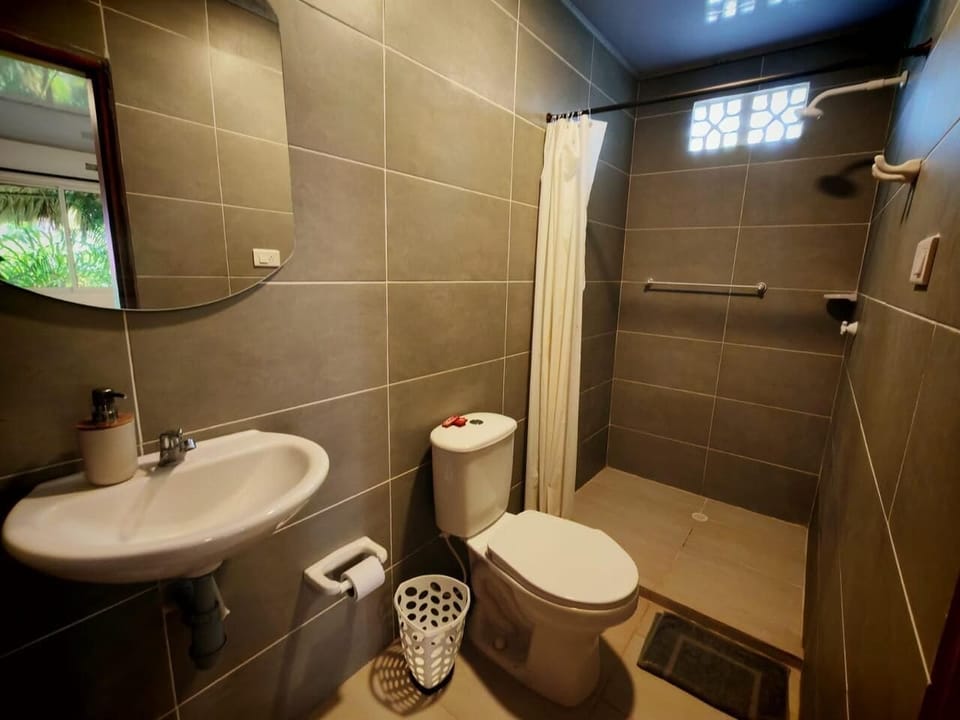 Shower, towels, soap, toilet paper