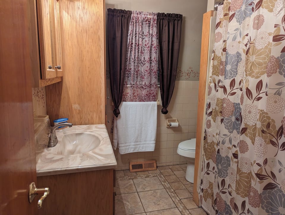 Main bathroom with tub, shower, bidet, cabinets, sink. 
