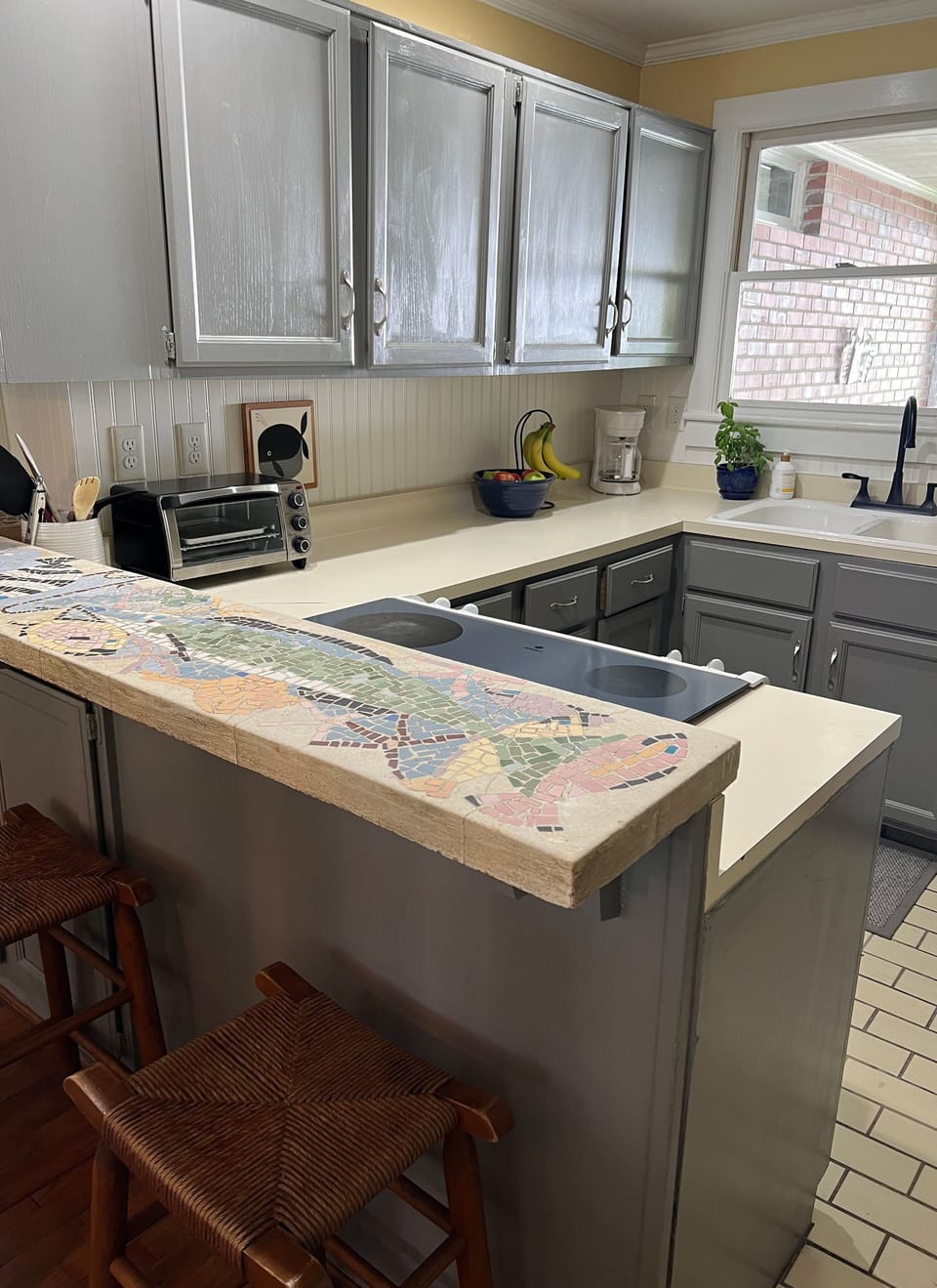 Kitchen view with bar.
